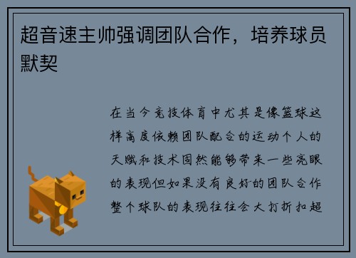 超音速主帅强调团队合作，培养球员默契